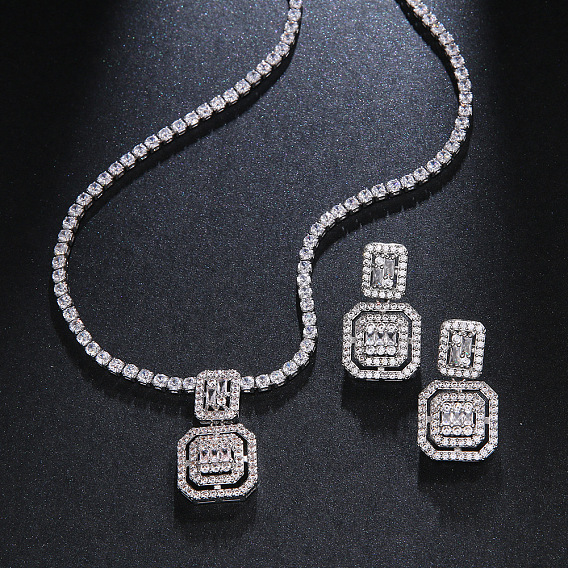 Комплекты из квадратных латунных подвесок с микропаве из прозрачных кубических цирконий и серег-гвоздиков