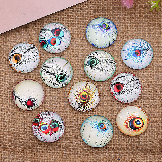 K5 Glass Cabochons, Random Pattern, Half Round with Peacock Feather Pattern