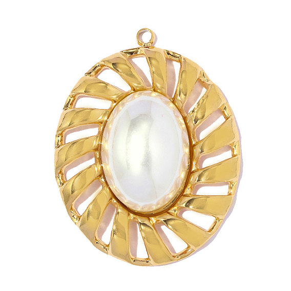 304 Stainless Steel & ABS Imitation Pearl Pendants, Oval Charm, Ion Plating(IP), Long-Lasting Plated, Real 18K Gold Plated