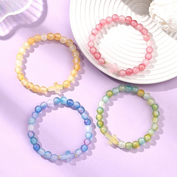 Браслеты из матового акрила на эластичной основе для женщин и мужчин, круглый и крест, золотой фольгой