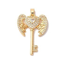 Brass Micro Pave Clear Cubic Zirconia Pendants, Nickle Free, Key with Flying Heart