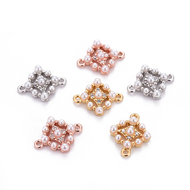 Brass Micro Pave Cubic Zirconia Links Connectors, with Plastic Imitation Pearl, Rhombus