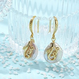 Плоские круглые серьги-подвески из натурального жемчужины кеши с зернистой структурой, Латунные серьги в форме листа для женщин