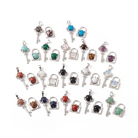 Natural & Synthetic Gemstone Pendants, with Platinum Tone Brass Findings, Cadmium Free & Lead Free, Key with Lock Charm