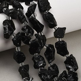 Raw Rough Natural Black Tourmaline Beads Strands, Nuggets, with Seed Beads