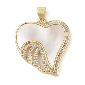 Brass & Shell & Clear Cubic Zirconia Pendants, Heart with Wing