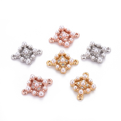 Brass Micro Pave Cubic Zirconia Links Connectors, with Plastic Imitation Pearl, Rhombus
