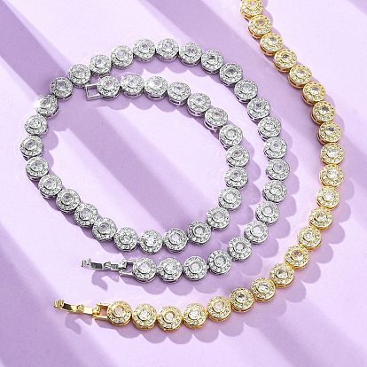 Латунные ожерелья с плоскими круглыми звеньями из прозрачного кубического циркония для женщин, без свинца и без кадмия, стойки покрытие