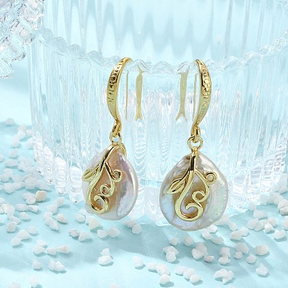 Плоские круглые серьги-подвески из натурального жемчужины кеши с зернистой структурой, Латунные серьги в форме листа для женщин