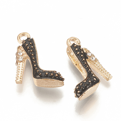 Alloy Enamel Stilettos Pendants, Cadmium Free & Lead Free, with Rhinestone, High-heeled Shoes, Light Gold
