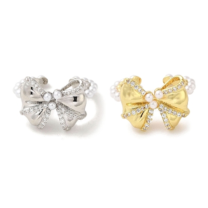 Rack Plating Brass Micro Pave Cubic Zirconia Cuff Rings, with Plastic Pearls, Long-Lasting Plated, Lead Free & Cadmium Free, Bowknot