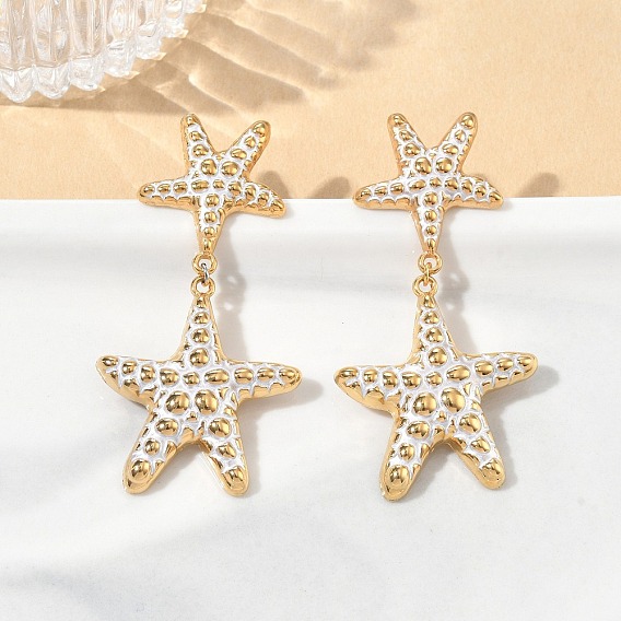304 Stainless Steel Dangle Stud Earrings for Women, with Enamel, Starfish