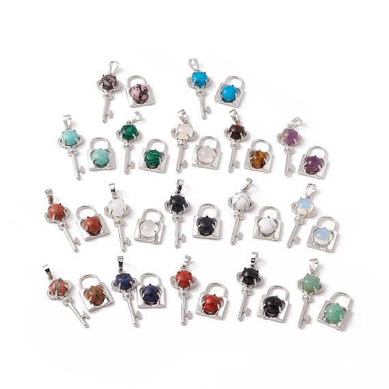 Природные и синтетические Gemstone подвески, с латунной фурнитурой платинового цвета, без кадмия и без свинца, ключ с замком