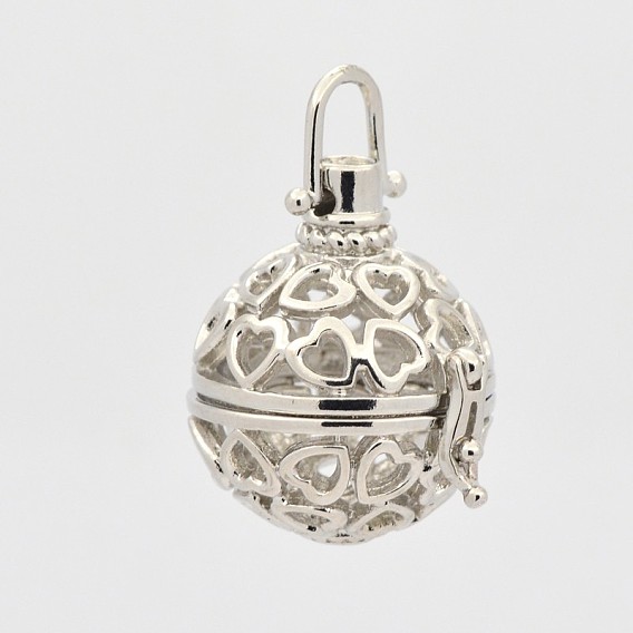 Filigree Heart Round Brass Cage Pendants, For Chime Ball Pendant Necklaces Making