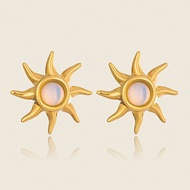 Boucles d'oreilles puces en acier inoxydable et pierres précieuses naturelles pour femmes, soleil
