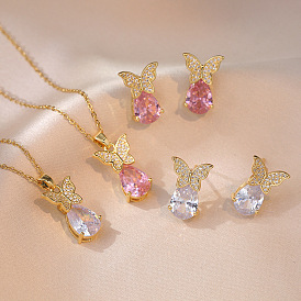 Бабочка и слеза 304 серьги-гвоздики из нержавеющей стали со стразами и ожерелья с подвесками для женщин