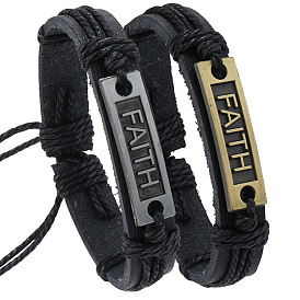 PU Leather Cord Adjustable Bracelets, Alloy Rectangle with Word Faith Link Bracelets for Men