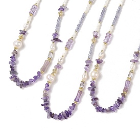 Natural Amethyst Beaded Necklaces, with Brass Beads, Pearl, Glass and  Cat Eye