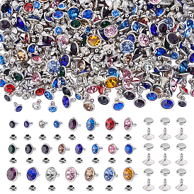 515 Stück 23 Arten von Nieten aus Eisen und Messing für Bekleidung, Flachrund, für Kleidertasche Schuhe Lederhandwerk, mit Glas, Platin Farbe