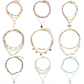 Collar de cuentas coloridas de estilo bohemio con colgante de flor de perlas de varias capas y cadena con cierre