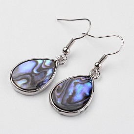 Teardrop Platinum Tone Brass Natural Paua Shell Dangle Earrings, 41mm, Pin: 0.8mm