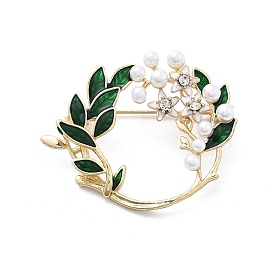 Alloy Enamel Brooch, with Rhinestone and ABS Imitation Pearl, Leaf