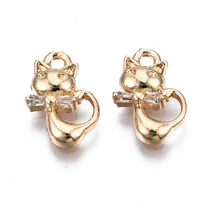 Brass Micro Pave Clear Cubic Zirconia Charms, Long-Lasting Plated, Cadmium Free & Lead Free, Cat