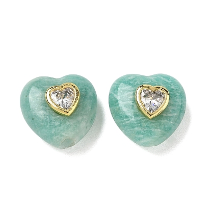 Natural Amazonite Beads, Heart, with Brass Micro Pave Clar Cubic Zirconia Findings, Golden