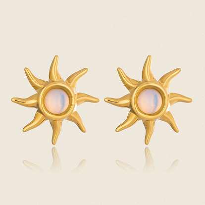 Boucles d'oreilles puces en acier inoxydable et pierres précieuses naturelles pour femmes, soleil