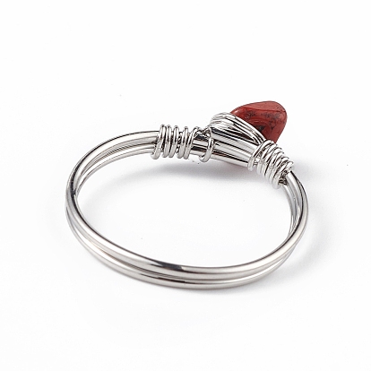 Natural Mixed Gemstone Chips Finger Ring, Brass Wire Wrap Jewelry for Women