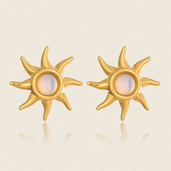 304 Stainless Steel Natural Gemstone Stud Earrings for Women, Sun