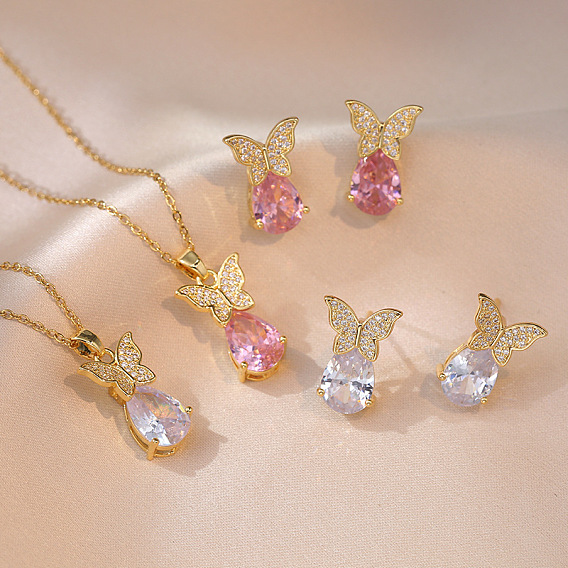 Бабочка и слеза 304 серьги-гвоздики из нержавеющей стали со стразами и ожерелья с подвесками для женщин