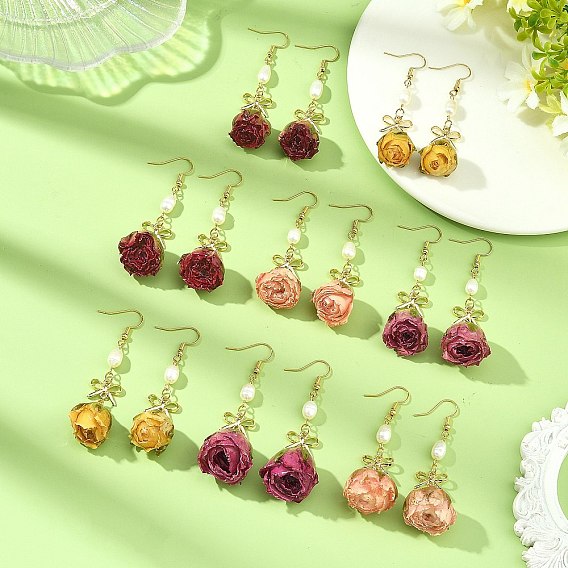 Brass Epoxy Resin Flower Dangle Earrings, with 304 Stainless Steel Earring Hooks, Golden