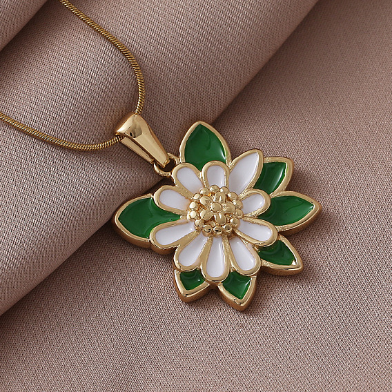304 Женские ожерелья с подвеской в виде белого цветка из нержавеющей стали с зеленым листом