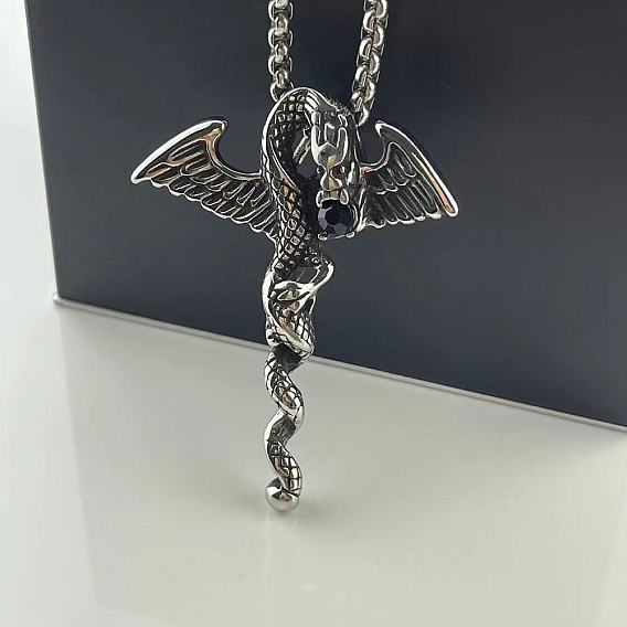 Винтаж 304 подвеска в виде крылатого дракона из нержавеющей стали со стразами, панк-хип-хоп ожерелья для мужчин