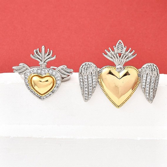 Манжеты из латуни с микро паве кубический цирконий для женщин, без кадмия и без свинца, Сердце и крыло