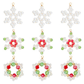 18шт. 3 стили гальванизированные стеклянные бусины и перламутровые стеклянные бусины подвески, снежинка, с медной проволокой светло-золотистого цвета