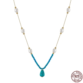 Synthetic Turquoise Teardrop Pendant Necklace, Dyed Natural Turquoise & Pearl Beads Necklaces with 925 Sterling Silver Chains