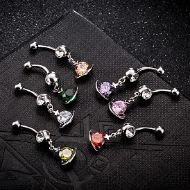 Piercing Jewelry, Brass Cubic Zirconia Navel Ring, Belly Rings, with 304 Stainless Steel Bar, Cadmium Free & Lead Free, Planet