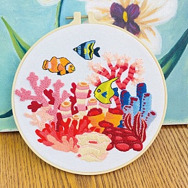 Ocean Theme Fish & Coral Pattern DIY Embroidery Kits for Beginner, Including Printed Fabric, Embroidery Thread & Needles & Hoop, Instruction