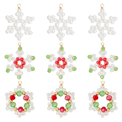 18шт. 3 стили гальванизированные стеклянные бусины и перламутровые стеклянные бусины подвески, снежинка, с медной проволокой светло-золотистого цвета