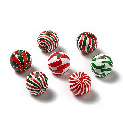 Christmas Theme Printed Natural Wooden Beads, Round with Vortex Pattern