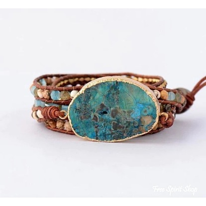 Natural Ocean Stone Genuine Leather Multilayer Bracelet Simple Hand Woven Alloy Bead String