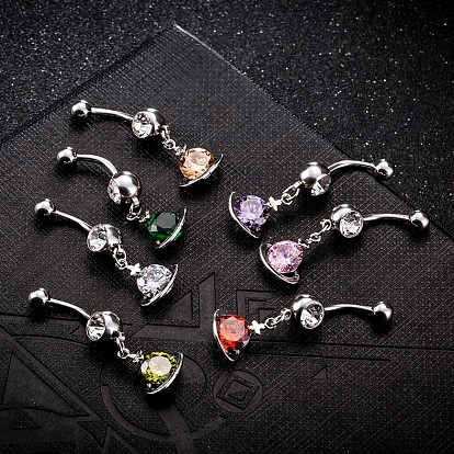 Piercing Jewelry, Brass Cubic Zirconia Navel Ring, Belly Rings, with 304 Stainless Steel Bar, Cadmium Free & Lead Free, Planet
