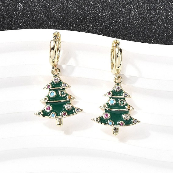 Латунные микро проложить серьги обруча кубического циркония, с эмалью, рождественская елка