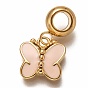 304 Stainless Steel European Dangle Charms, Large Hole Pendants, with Pink Enamel, Butterfly