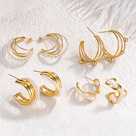 304 Stainless Steel & Glass/Plastic Pearl  C-Shaped Stud Earrings, Half Hoop Earrings