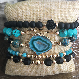 Brass Stretch Beaded Bracelets & Link Bracelets Sets, with Resin Beads, Natural Howlite & Black Onyx & Black Agate & American Turquois Beads, Golden