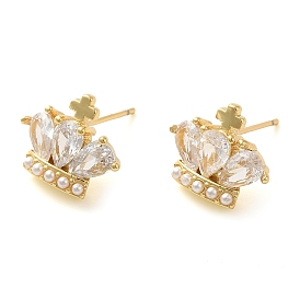 Rack Plating Brass Micro Pave Cubic Zirconia Stud Earring, with Plastic Imitation Pearl, Long-Lasting Plated, Cadmium Free & Lead Free, Crown