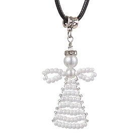 Seed Beads Loom Angel Pendant Necklaces, Black Imitation Leather Cord Necklaces